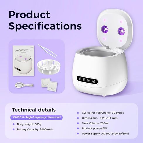 Ultrasonic Retainer Cleaner Machine, 45kHz Rechargeable Retainer Cleaner with 4 UV Lights, W200 Ultrasonic Cleaner for Retainers, Aligners, Mouth Guards, Night Guards & Dentures in Saudi Arabia