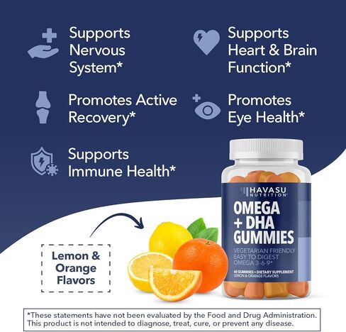 أوميغا 3 6 9 + علكات DHA للبالغين - بديل زيت السمك النباتي مع زيت بذور الشيا والطحالب - دعم وظيفة الدماغ والمناعة - نكهات الليمون والبرتقال - صديق للنباتيين - 60 قطعة in Kuwait