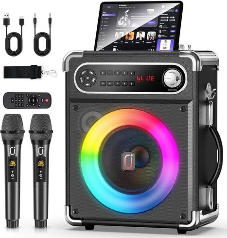 Karaoke Machine with 2 Wireless Microphones,【Upgraded 6.5"Woofer & 2"Tweeter】Portable Bluetooth 5.3 Karaoke Speaker, PA System with Bass/Treble/Echo Adjustment, Supports USB/AUX/TF/TWS for Home Party in Kuwait