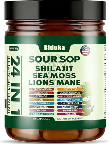 24-in-1 Soursop Capsules, Shilajit, Sea Moss, Lions Mane & More,20:1 Extracts with Ashwagandha, Elderberry, Lion’s Mane, Vitamin C, D3 & Magnesium | Daily Wellness Support for Adults, Non-GMO in Saudi Arabia