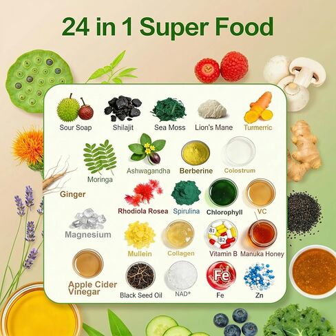 24-in-1 Soursop Capsules, Shilajit, Sea Moss, Lions Mane & More,20:1 Extracts with Ashwagandha, Elderberry, Lion’s Mane, Vitamin C, D3 & Magnesium | Daily Wellness Support for Adults, Non-GMO in Saudi Arabia