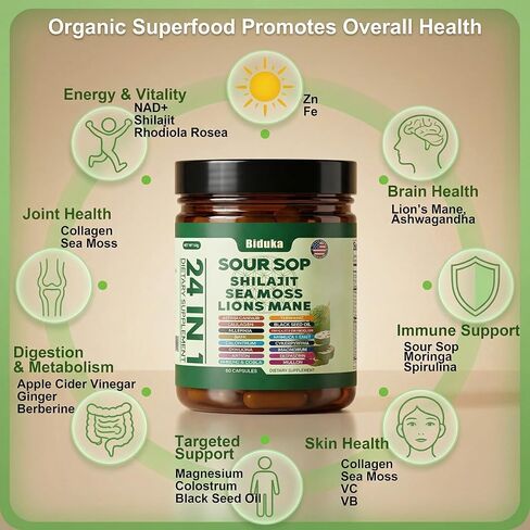 24-in-1 Soursop Capsules, Shilajit, Sea Moss, Lions Mane & More,20:1 Extracts with Ashwagandha, Elderberry, Lion’s Mane, Vitamin C, D3 & Magnesium | Daily Wellness Support for Adults, Non-GMO in Saudi Arabia