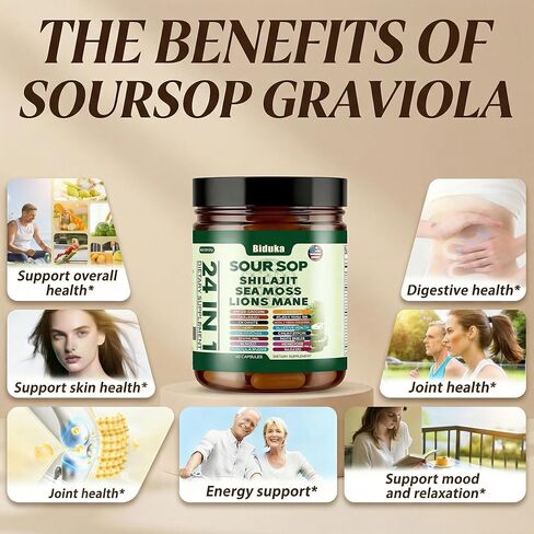 24-in-1 Soursop Capsules, Shilajit, Sea Moss, Lions Mane & More,20:1 Extracts with Ashwagandha, Elderberry, Lion’s Mane, Vitamin C, D3 & Magnesium | Daily Wellness Support for Adults, Non-GMO in Saudi Arabia