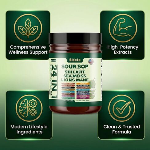 24-in-1 Soursop Capsules, Shilajit, Sea Moss, Lions Mane & More,20:1 Extracts with Ashwagandha, Elderberry, Lion’s Mane, Vitamin C, D3 & Magnesium | Daily Wellness Support for Adults, Non-GMO in Saudi Arabia