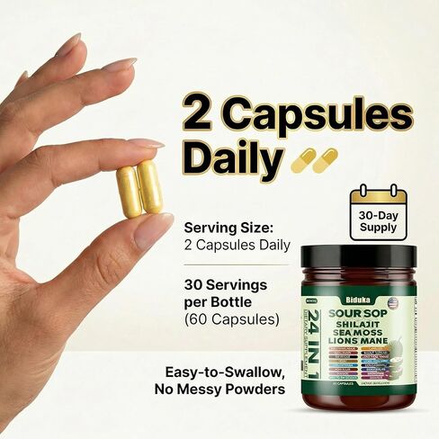 24-in-1 Soursop Capsules, Shilajit, Sea Moss, Lions Mane & More,20:1 Extracts with Ashwagandha, Elderberry, Lion’s Mane, Vitamin C, D3 & Magnesium | Daily Wellness Support for Adults, Non-GMO in Saudi Arabia
