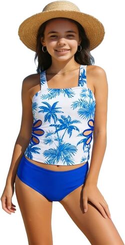 Girls Swimsuit Two Piece Tankini Kids Swimsuits Casual Trendy Cutout Tank Top Floral Print Bathing Suit Size 4-13 in Kuwait