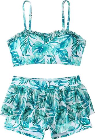Girls 2 Piece Swimsuit Cute Floral Print Bikini Sets Adjustable Straps Swimming Skirt with Shorts Swimwear in Saudi Arabia