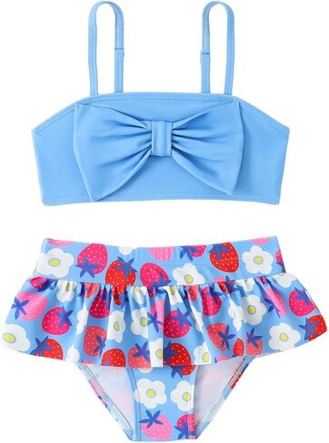 Girls 2 Piece Swimsuit Cute Floral Print Bikini Sets Adjustable Straps Swimming Skirt with Shorts Swimwear in Saudi Arabia