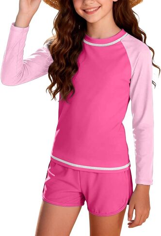 Girls Rash Guard Swimsuit Two Piece Set Colorblock Long Sleeve Bathing Suit Swimwear Sun Protection Swim Suits in Saudi Arabia