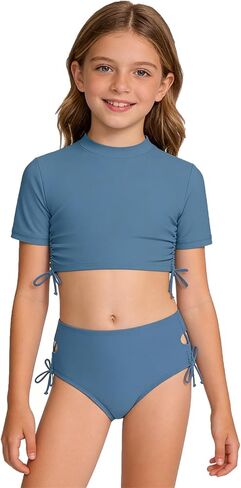 الفتيات المايوه 2 قطعة Crewneck قصيرة الأكمام المحاصيل قمم وموجزات مطابقة مجموعة الرباط ملابس السباحة ثوب السباحة in Kuwait