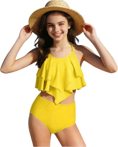 Swimsuit for Girls 2 Piece Bikini Swimsuits Sets Floral Modest Ruffled Teen Bathing Halter Top Swimwear Size 7-14 in Saudi Arabia