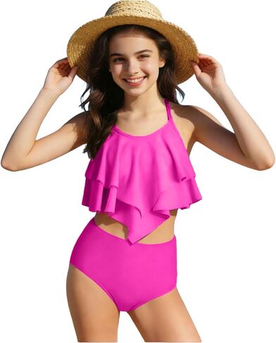 Swimsuit for Girls 2 Piece Bikini Swimsuits Sets Floral Modest Ruffled Teen Bathing Halter Top Swimwear Size 7-14 in Saudi Arabia