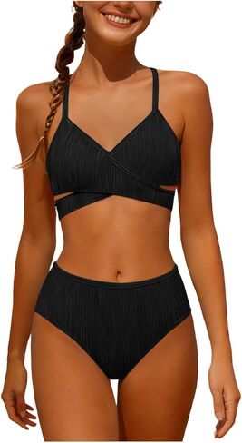 Girls Two Piece Swimsuits Adjustable Straps Bathing Suit Teen Bikini Swim Suits Criss Cross Cute Swimwear 5-16 Years in Saudi Arabia