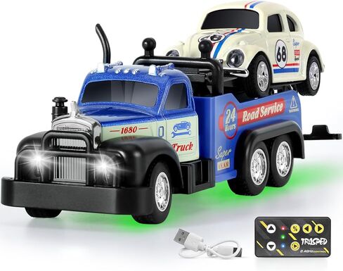 Haomsj Mini RC Tow Truck Tuy With Mini Metal Car Set 2PCs ، Service City Vehice Control Tower Truck Thanes Tark For Kids Boys Gifts 3-5 4-7 8-12 year in Kuwait