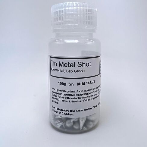 Tin Metal Shot – 100 g – Sn Metal – Labeled Polypropylene Bottle – Laboratory & Research Supply in Saudi Arabia