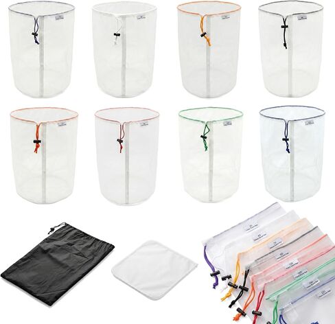 جميع أكياس الترشيح الشبكية بسعة 5 جالون و8 عبوات، أكياس مصفاة من النايلون بدرجة الطعام 25-220 ميكرومتر مع شاشة ضغط وحقيبة تخزين، قابلة لإعادة الاستخدام مقاومة للماء لتخمير الزراعة المائية والقهوة والعسل والبستنة in Kuwait