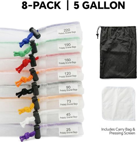 جميع أكياس الترشيح الشبكية بسعة 5 جالون و8 عبوات، أكياس مصفاة من النايلون بدرجة الطعام 25-220 ميكرومتر مع شاشة ضغط وحقيبة تخزين، قابلة لإعادة الاستخدام مقاومة للماء لتخمير الزراعة المائية والقهوة والعسل والبستنة in Kuwait