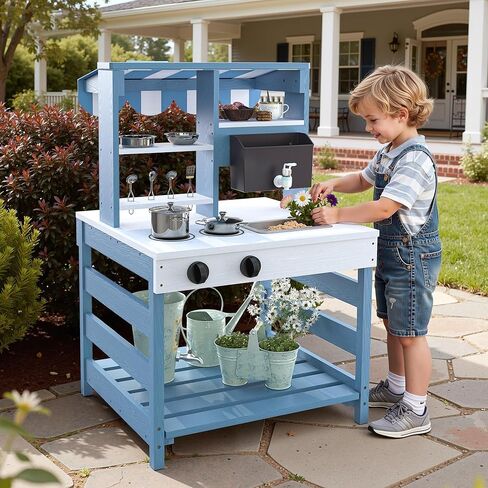 Kids Kids Kitchen Playset ، مطبخ طين خشبي في الهواء الطلق على الوجهين مع صنبور واقعية ، بالوعة قابلة للإزالة ، ألعاب الطهي ، القائمة ، طفل صغير يتظاهر المطبخ ، طاولة الطين في الفناء الخلفي ، هدية للفتيان الفتيات in Kuwait