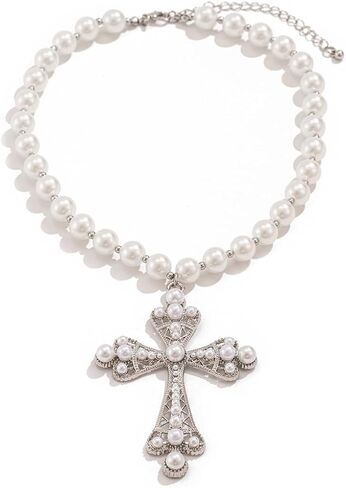 Y2K Goth Faith Cross Necklace with Faux Pearl Chain Double Layers Long Tassels Cross Pendant Necklace in Kuwait