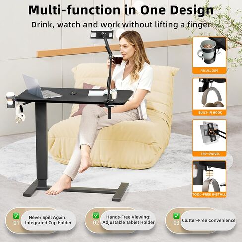 Adjustable Overbed Bedside Table with Wheels(31.2" W), Hospital Bed Table Over The Bed, Mobile Standing Desk Rolling Computer Cart, Laptop Desk with Cup Holder, Phone & Tablet Holder in Saudi Arabia