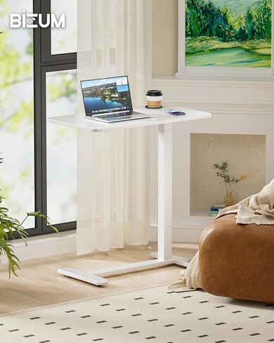 طاولة بجانب السرير قابلة للتعديل من BIZUM مع عجلات دوارة مخفية، مكتب قائم متنقل يعمل بالهواء المضغوط مع حامل أكواب لمنزل المستشفى (27.6 بوصة × 15.8 بوصة أبيض) in Kuwait