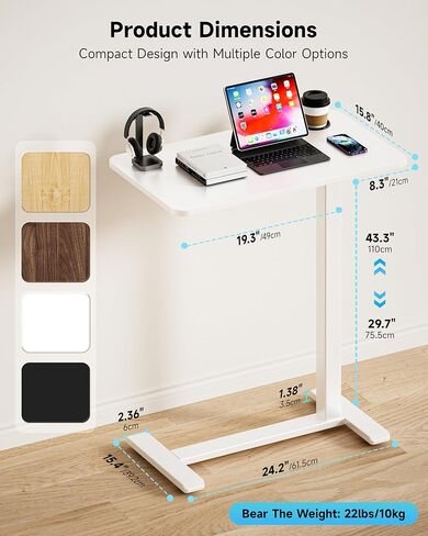 طاولة بجانب السرير قابلة للتعديل من BIZUM مع عجلات دوارة مخفية، مكتب قائم متنقل يعمل بالهواء المضغوط مع حامل أكواب لمنزل المستشفى (27.6 بوصة × 15.8 بوصة أبيض) in Kuwait