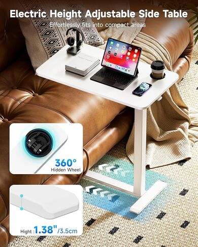 طاولة بجانب السرير قابلة للتعديل من BIZUM مع عجلات دوارة مخفية، مكتب قائم متنقل يعمل بالهواء المضغوط مع حامل أكواب لمنزل المستشفى (27.6 بوصة × 15.8 بوصة أبيض) in Kuwait