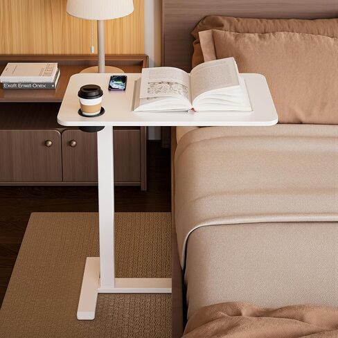 طاولة بجانب السرير قابلة للتعديل من BIZUM مع عجلات دوارة مخفية، مكتب قائم متنقل يعمل بالهواء المضغوط مع حامل أكواب لمنزل المستشفى (27.6 بوصة × 15.8 بوصة أبيض) in Kuwait