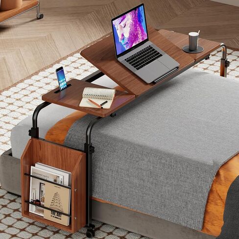 طاولة فوق السرير بعجلات، مكتب قابل للإمالة على السرير قابل للتعديل الارتفاع والطول، طاولة فوق السرير مع خزانة تخزين، مكتب كمبيوتر محمول متدحرج لغرفة النوم، غرفة المعيشة، المستشفى (أسود، 47.24 بوصة) in Kuwait
