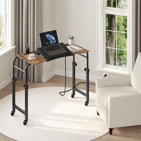 Overbed Table with Charging Station, Recliner Table with Wheels, Over the Bed Table Height Adjustable, Side Table for Bed, Sofa, Office, Rustic Brown and Black SF05UBR in Kuwait