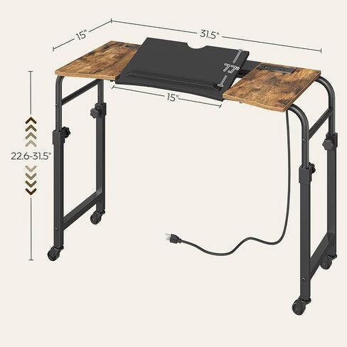 Overbed Table with Charging Station, Recliner Table with Wheels, Over the Bed Table Height Adjustable, Side Table for Bed, Sofa, Office, Rustic Brown and Black SF05UBR in Kuwait