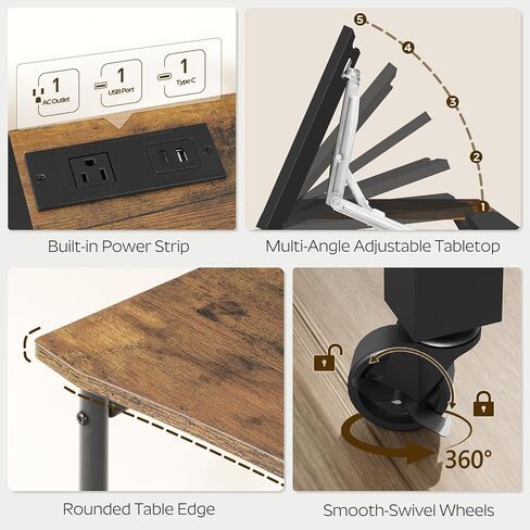 Overbed Table with Charging Station, Recliner Table with Wheels, Over the Bed Table Height Adjustable, Side Table for Bed, Sofa, Office, Rustic Brown and Black SF05UBR in Kuwait