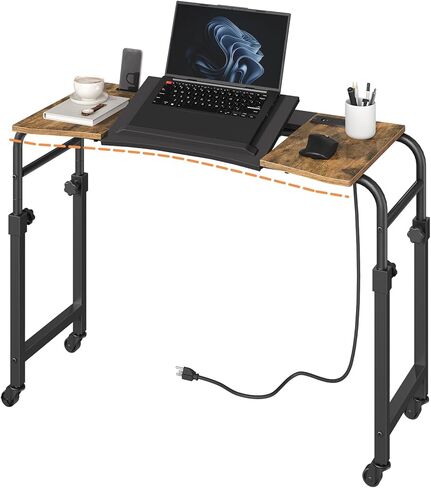 Overbed Table with Charging Station, Recliner Table with Wheels, Over the Bed Table Height Adjustable, Side Table for Bed, Sofa, Office, Rustic Brown and Black SF05UBR in Kuwait