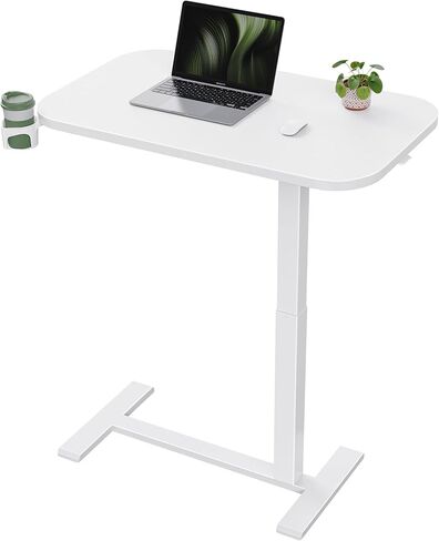 Marsail 28×16" Overbed Table with Wheels and 360° Cup Holder, Height-Adjustable Pneumatic Bedside Table, Mobile Computer Standing Desk for Home Office, White in Kuwait