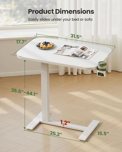 Marsail 28×16" Overbed Table with Wheels and 360° Cup Holder, Height-Adjustable Pneumatic Bedside Table, Mobile Computer Standing Desk for Home Office, White in Kuwait