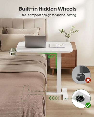Marsail 28×16" Overbed Table with Wheels and 360° Cup Holder, Height-Adjustable Pneumatic Bedside Table, Mobile Computer Standing Desk for Home Office, White in Kuwait