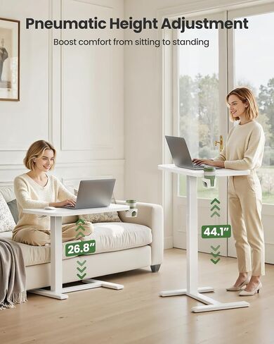 Marsail 28×16" Overbed Table with Wheels and 360° Cup Holder, Height-Adjustable Pneumatic Bedside Table, Mobile Computer Standing Desk for Home Office, White in Kuwait