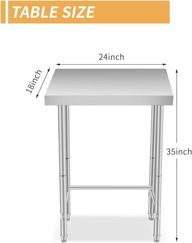 18X24x35 Inch Stainless Steel Table, NSF Heavy Duty Worktable with Open Base & Casters, Rust-Resistant Utility Prep Table for Kitchen, Restaurant, Garage, Indoor/Outdoor in Kuwait