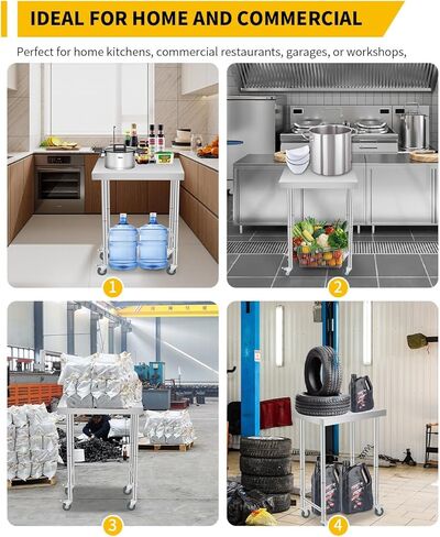 18X24x35 Inch Stainless Steel Table, NSF Heavy Duty Worktable with Open Base & Casters, Rust-Resistant Utility Prep Table for Kitchen, Restaurant, Garage, Indoor/Outdoor in Kuwait