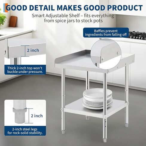 Equipment Grill Stand Table 12x24x30 Inch Stainless Steel NSF Certified 400 Lbs Capacity with Adjustable Legs, 2" Edge Baffle, for Hotel, Home, Commercial Restaurant Kitchen in Kuwait