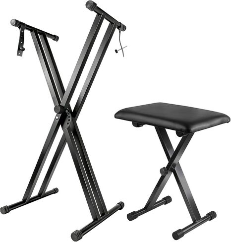 Keyboard Stand Piano Bench Set, 2026 Upgrade Heavy Duty Double X Keyboard Stand Piano Stand, Adjustable&Portable Digital Piano Stand with Locking Straps (Piano Keyboard Stand x 1, Piano Bench x 1), for 54-88 key Electric Pianos in Saudi Arabia