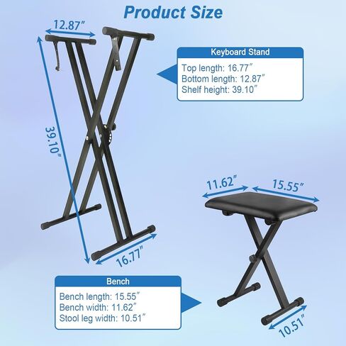 Keyboard Stand Piano Bench Set, 2026 Upgrade Heavy Duty Double X Keyboard Stand Piano Stand, Adjustable&Portable Digital Piano Stand with Locking Straps (Piano Keyboard Stand x 1, Piano Bench x 1), for 54-88 key Electric Pianos in Saudi Arabia