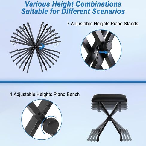 Keyboard Stand Piano Bench Set, 2026 Upgrade Heavy Duty Double X Keyboard Stand Piano Stand, Adjustable&Portable Digital Piano Stand with Locking Straps (Piano Keyboard Stand x 1, Piano Bench x 1), for 54-88 key Electric Pianos in Saudi Arabia