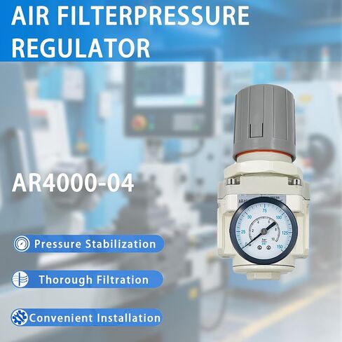XingNEeng 1/2" NPT Air Compressor Pressure Regulator, for Compressed Air Drying System, 0-150 PSI Gauge, 5 Micron Brass Element, AR4000-04 with Thread Seal Tape in Kuwait