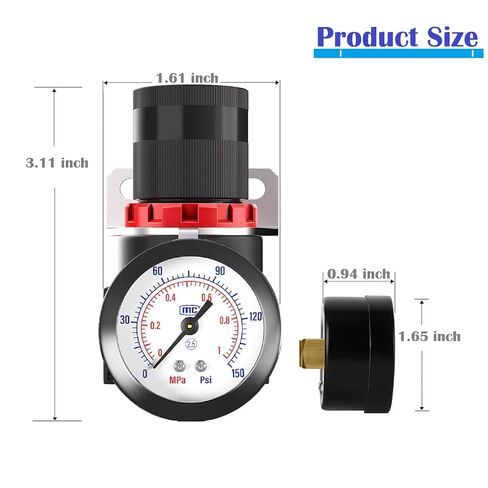 طقم منظم ضغط ضاغط الهواء، منظم ضغط هواء صغير NPT مقاس 1/4 بوصة مع مقياس 0-150 رطل لكل بوصة مربعة ودعامة لنظام تجفيف الهواء المضغوط (أسود) in Kuwait