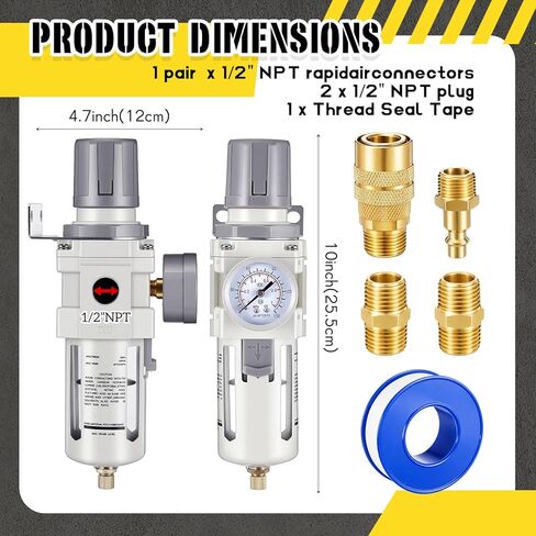 Tuanse 1/2" NPT Compressed Air Filter Regulator, Piggyback Combo, 5µm Brass Element, Poly Bowl, Manual Drain, Metal Bracket & Fittings, 0-150 Psi Gauge, for Industrial Use & Spray Painting in Saudi Arabia