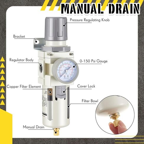 Tuanse 1/2" NPT Compressed Air Filter Regulator, Piggyback Combo, 5µm Brass Element, Poly Bowl, Manual Drain, Metal Bracket & Fittings, 0-150 Psi Gauge, for Industrial Use & Spray Painting in Saudi Arabia