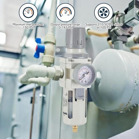Tuanse 1/2" NPT Compressed Air Filter Regulator, Piggyback Combo, 5µm Brass Element, Poly Bowl, Manual Drain, Metal Bracket & Fittings, 0-150 Psi Gauge, for Industrial Use & Spray Painting in Saudi Arabia