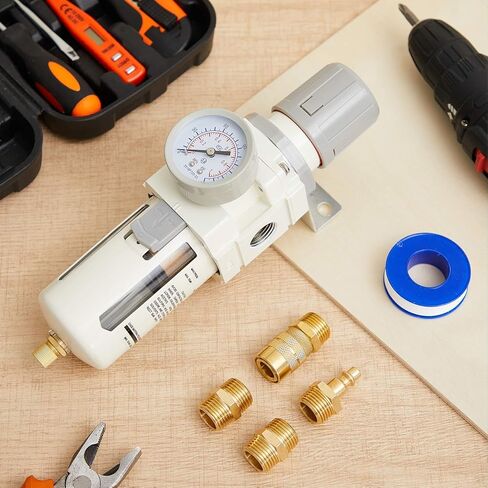 Tuanse 1/2" NPT Compressed Air Filter Regulator, Piggyback Combo, 5µm Brass Element, Poly Bowl, Manual Drain, Metal Bracket & Fittings, 0-150 Psi Gauge, for Industrial Use & Spray Painting in Saudi Arabia