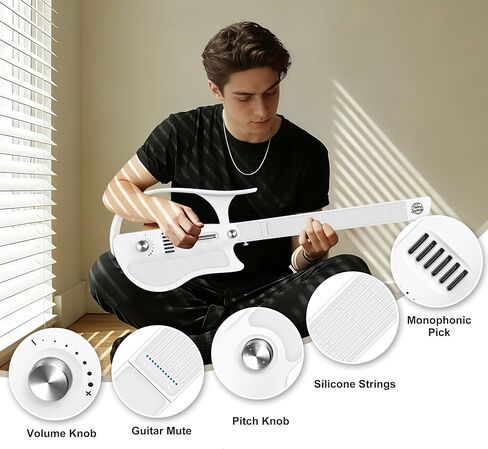 Stringless Smart Guitar, Portable and Foldable with App Control, Chord Generator, Electric Travel Guitar Built-in Drum Machine & Speakers, No Strings Attached for Beginners & Bands, White in Saudi Arabia